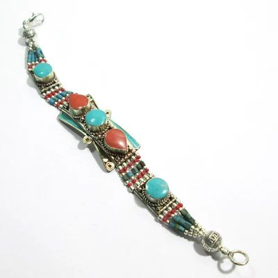 Turquoise Coral Ethnic Bracelet Statement With Gemstones Beads Hnadmade Bracelet - Image 1 of 4