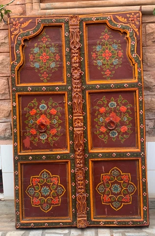 Old wooden door floral painted antique heavy frame Indian traditional decor Cover