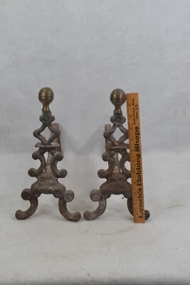 antique fireplace andirons small 19th c  brass top 12 in. tall 15 deep  original — 第 1/4 张图片