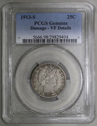 1913-S (VF Details) Barber Quarter 25c PCGS Graded Coin Cover
