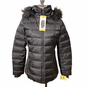NAUTICA schwarze Jacke gesteppter Puffermantel Kunstfell getrimmte Kapuze Größenwahl - Bild 1 von 5