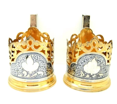 JUEGO DE 2 PORTAVASOS DE TÉ VINTAGE SOVIÉTICOS URSS 875 PLATEADO CHAPADO EN ORO VIDRIO Foto 1 de 4