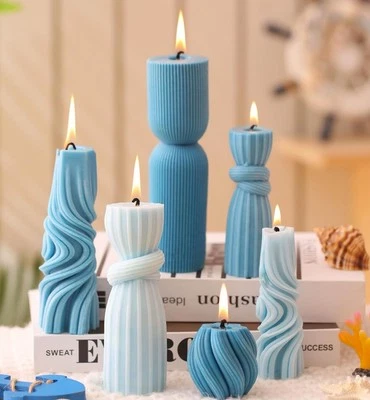 Juego de 6 velas de pilar azul moderno estético acanalado decorativo vela cera de soja Foto 1 de 4