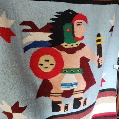 Alfombra tejida vintage guerrero mexicano azteca manta colgante de pared regalo de Navidad Foto 1 de 4