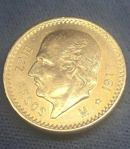 22k Gold Coin 10 Pesos Mexicanos De Oró 1917-M DIEZ PESOS 8.3 Grams Solid Gold - Picture 1 of 8