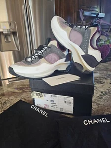 CHANEL Women Sneakers Fabric Mesh Suede Calfskin CC EU39 Authentic - Picture 1 of 24