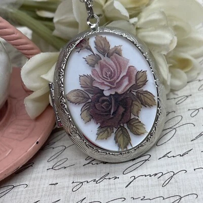 银吊坠套装磨砂玫瑰紫红色勃艮第浮雕妈妈女儿纪念品 — 第 1/4 张图片
