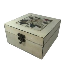 Wooden Keepsake Trinket Box Cream w/Clasp Ceramic Rose Tile Shabby Chic Country - Foto 1 di 6