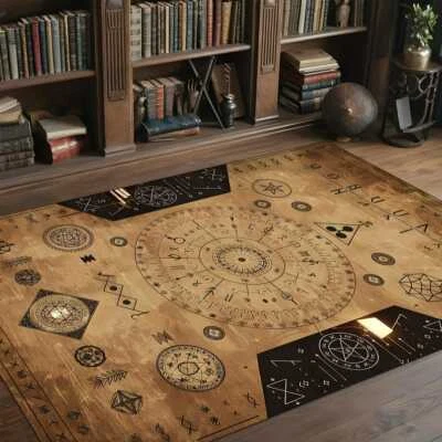 Ancient Spell Circle Rug - Esoteric Symbols, Occult Design, Alchemy Floor Mat - Image 1 of 4