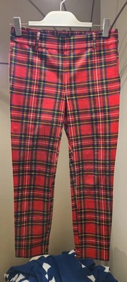 Pantalones J.CREW Winnie Talla 2 Rojo Tartán Cuadros Cremallera Lateral Tobillo Corto Algodón Elástico Foto 1 de 4
