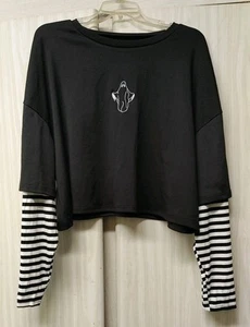 Shein Curve Womens 1XL Halloween Crop Top Shirt Ghost Black White Long Sleeve - Picture 1 of 11