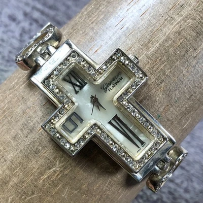 Geneva Women 7369 Pave MOP Cross Platinum Silver Tone Quartz 30mm Watch 7 1/4" - Image 1 of 4