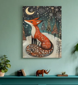 Volpe neve inverno luna stelle stampa animali arte parete decorazione casa varie misure NUOVO - Foto 1 di 4