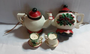 Set of 2 Vintage White Teapot with Matching Cup Christmas Ornament w/Wreath - Picture 1 of 13