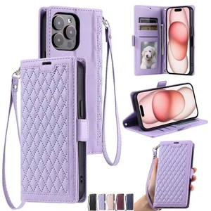 Grid Leather Wallet Phone Case For iPhone 16 15 14 13 12 11 Pro Max XR XS 7 8 SE - Picture 1 of 17