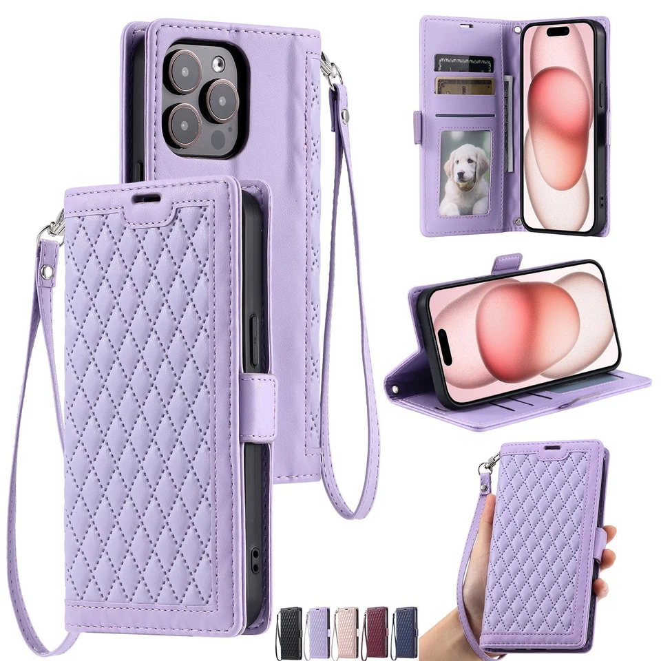 Strap Magnetic Grid Leather Card Wallet Phone Case For LG K40 V30 Q60 G6 K50 - Image 1 of 4