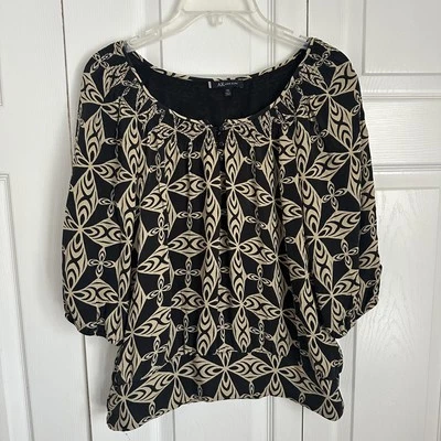 Blusa Anne Klein Mujer Pequeña Seda Geométrica Boho Campesina Top Foto 1 de 4