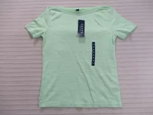 Chaps Womens Shirt Medium Green Stripe Wide Neck Short Sleeve Cotton New Stretch - Picture 1 of 10