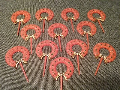 Vtg 1960's Christmas Wreath Plastic Cupcake Picks Lot Of 12 Red Floral Wreaths🎄 - Image 1 of 4