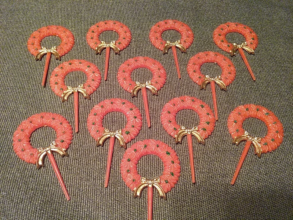 Lote De 12 Coronas Florales Rojas Coronas De Navidad De Colección Años 60 Corona De Navidad Plástico Cupcakes🎄 Foto 1 de 4