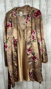 VTG Delicates Robe Gold Cheetah Pink Rose Satin Size L + Gold Short Nightgown - Picture 1 of 23