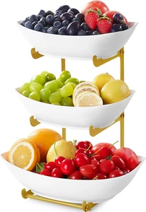 Fruit Bowl Basket for Kitchen Countertop, 3 Tier Fruit Holder Gold Metal Stand - Picture 1 of 12