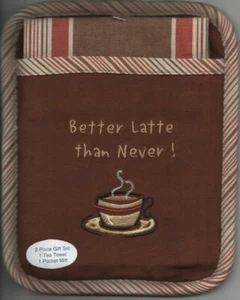 Kitchen Tea Towel Oven Mitt Potholder Gift Set Brown Coffee Latte Cup Mug NEW - Picture 1 of 1