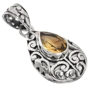 925 Silver Pear Teardrop Yellow Citrine Scroll Filigree Sterling Pendant, 1 1/4" - Picture 1 of 4