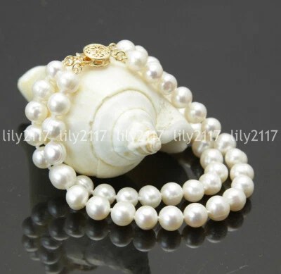 Real Natural 2 rows 7-8mm white freshwater cultured pearl bracelet 6.5-8.5" - Image 1 of 3