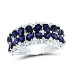 Natural Blue Sapphire Pear & Diamond Womens Band 14k White Gold Ring 3.87 Cttw - Picture 1 of 2