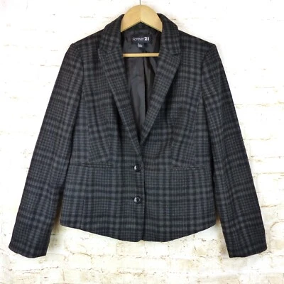 Chaqueta Blazer Forever 21 Mujer 6 EE. UU. Negra Gris Mezcla de Lana a Cuadros Preppy De Colección Y2K Foto 1 de 4