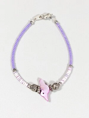 Silver Tone Purple Stacked Bead Shell Bird Bali Style Bracelet 7 inches - Image 1 of 4