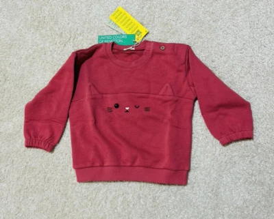 Benetton Bebé Niñas Gato Malva Manga Larga Top Algodón Orgánico 12-18 Meses NUEVO Foto 1 de 4