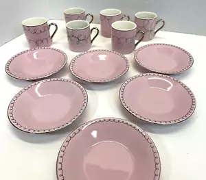 MCM style Pink and Silver Classic Coffee & Tea Brand Set Of 6 Small Cups/Saucers - Picture 1 of 8