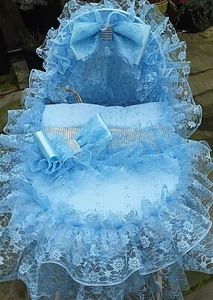 BLUE FRILLY BLING LACEY BABY MOSES BASKET COVERS  BOY - ROMANY💙💙 - Picture 1 of 5