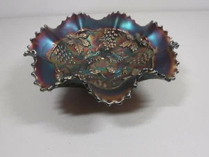 Vintage Northwood Grape and Cable Carnival Glass Stippled Bowl Ruffled Rim - Picture 1 of 6