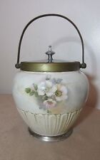 antique silver plated bronze and pottery floral biscuit cookie jar bucket pail