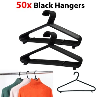 50 x Adult Black Coat Hangers Hanger CoatHanger Strong Plastic Clothes Trousers - Image 1 of 4