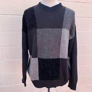 Vintage Bachrach Patchwork Sweater Mens L Large Black Gray Chenille Colorblock - Picture 1 of 17