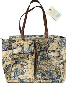 Patricia Nash Sorlana Tote Bag European Map Patina Coated Canvas Leather Trim - Picture 1 of 12