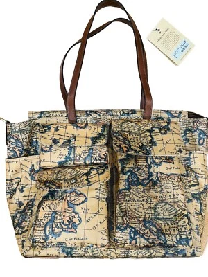 Patricia Nash Sorlana Tote Bag European Map Patina Coated Canvas Leather Trim - Image 1 of 4