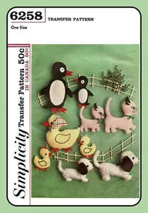 Flat Stuffed Animal Pattern PENGUIN Duck KITTEN Puppy Simplicity 6258 Vtg 1965 - Picture 1 of 6