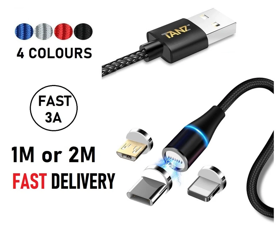 3 In 1 Magnetic 3A Fast Charging USB Cable Phone Charger IOS Micro USB Type-C - Image 1 of 4
