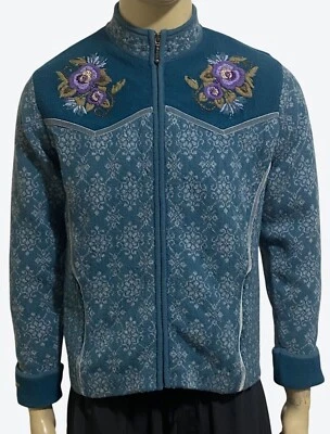 Icelandic Design Women's Full Zip Medium Floral Embroidered Sweater Blue Gray - Image 1 of 4