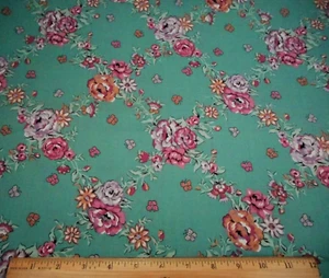 Bürgerkrieg Reproduktion Stoff Meterware rosa lila hellbraun Blumen auf grüner Baumwolle #C - Bild 1 von 2