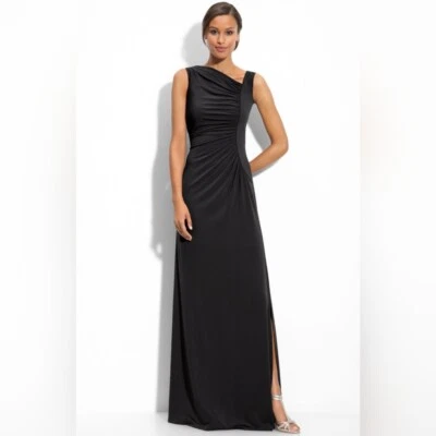 Calvin Klein Black Asymmetrical Ruched Jersey Long Gown Sz 8 - Image 1 of 4