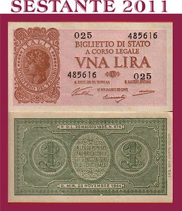 ITALIE ITALY 1 LIRA 1944 Sign. Ventura, P. 29a , UNC, FREE SHIPPING FROM 75,00 - Imagen 1 de 1