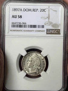 1897A Dominican Republic Antique COIN 20 CENTAVOS NGC AU 58 High Very Scarce - Picture 1 of 5