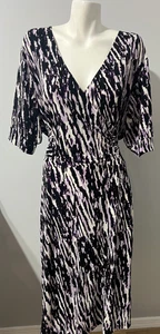 Fashion Bug Women 2X Midi Dress Faux Wrap Belt Liquid Knit Black White Purple - Picture 1 of 8