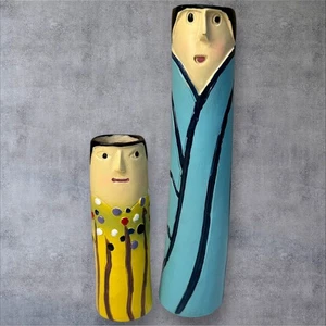 Whimsical Figurine Set Hand Painted Ceramic Folk Art People Sculptures - Picture 1 of 12